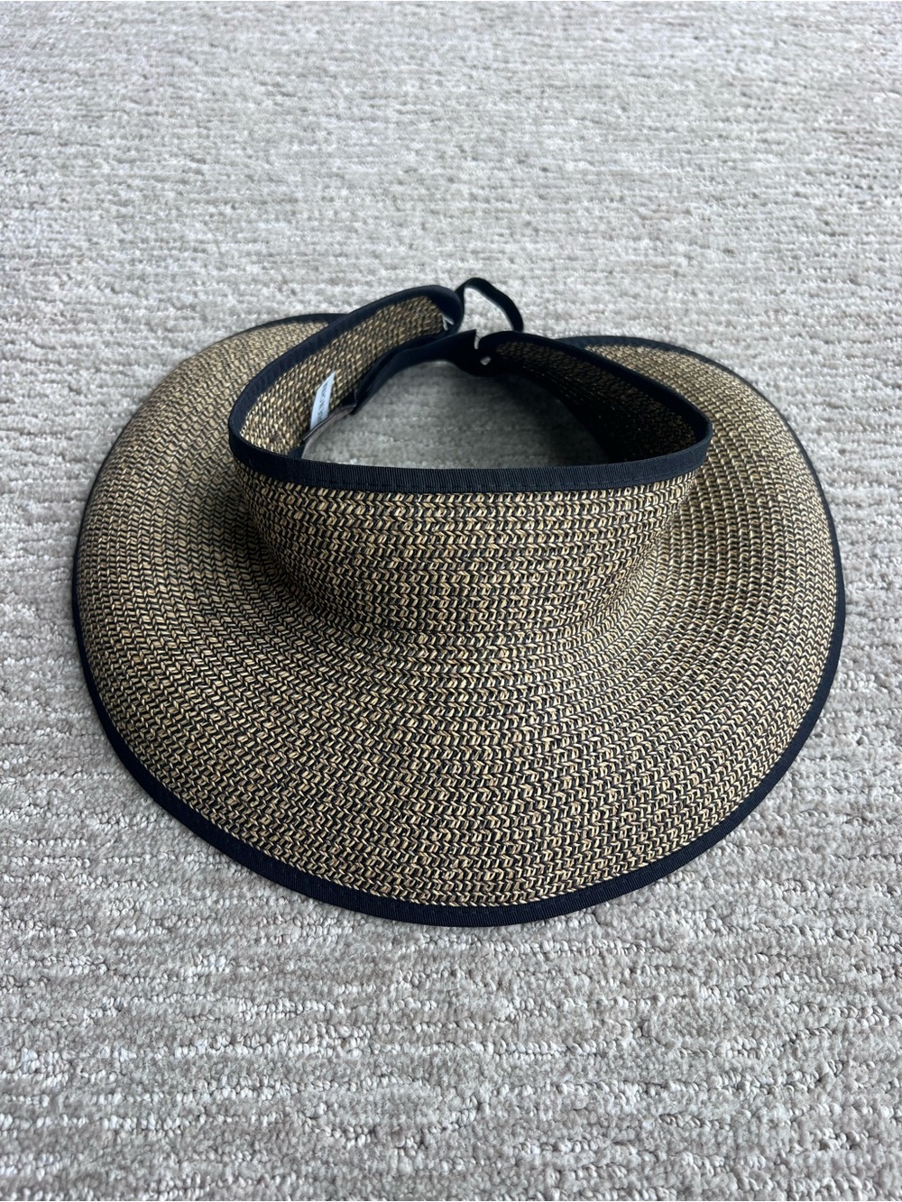 Sun N Sand Straw Roll Up Visor Tan Black Wide Brim Packable Beach Hat